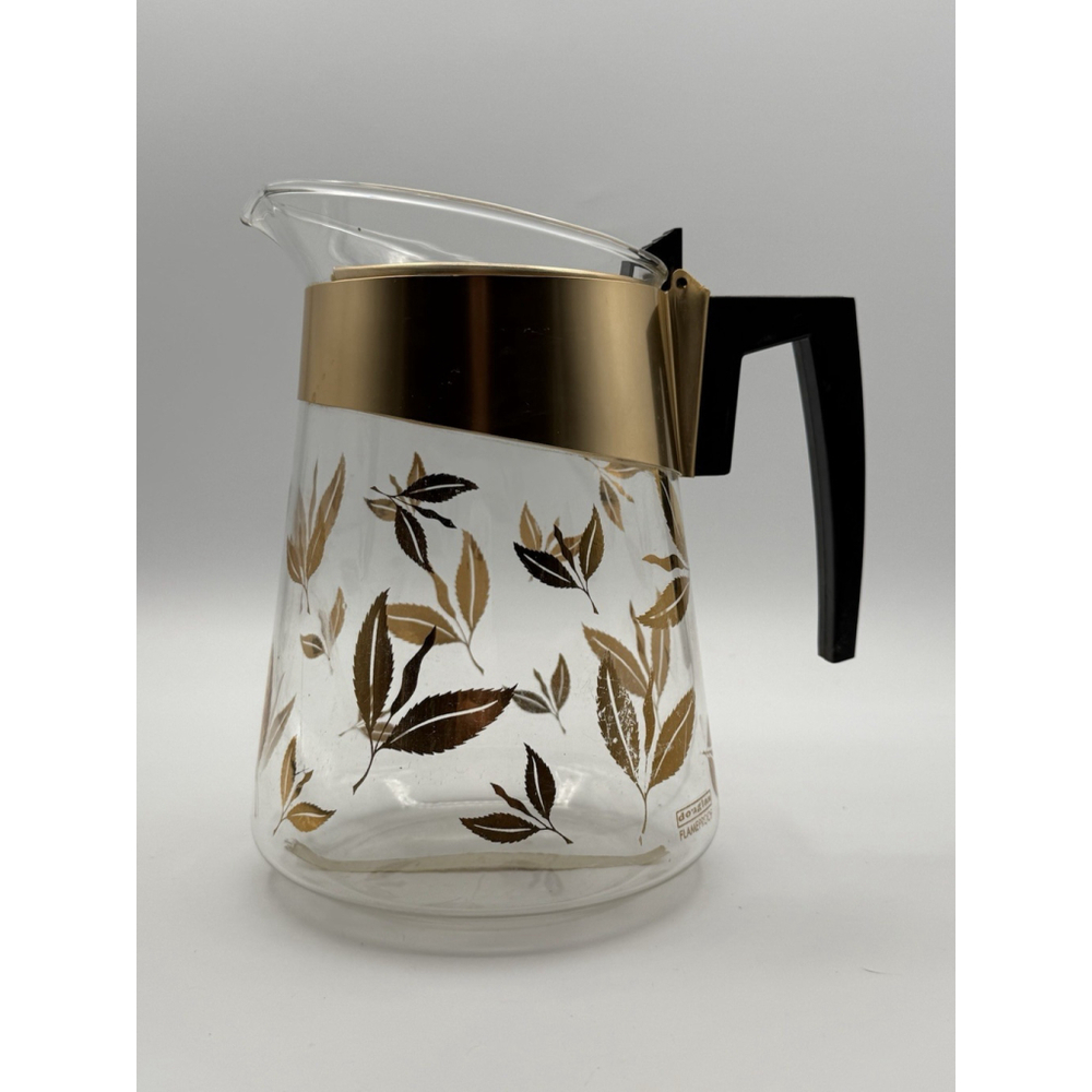 Vintage Douglas Flameproof Glass Carafe Coffee Tea Gold Leaves 7.5" Tall MCM